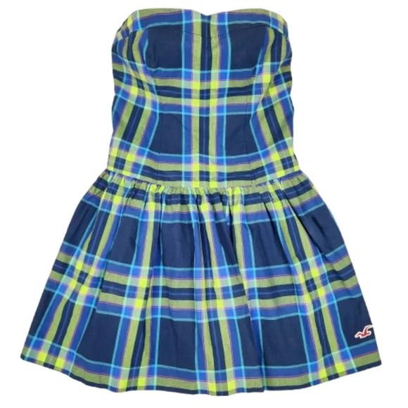 Hollister | Dresses | Hollister Plaid Strapless Dress Royal Blue Green  Elastic Back Lined Womens L | Poshmark